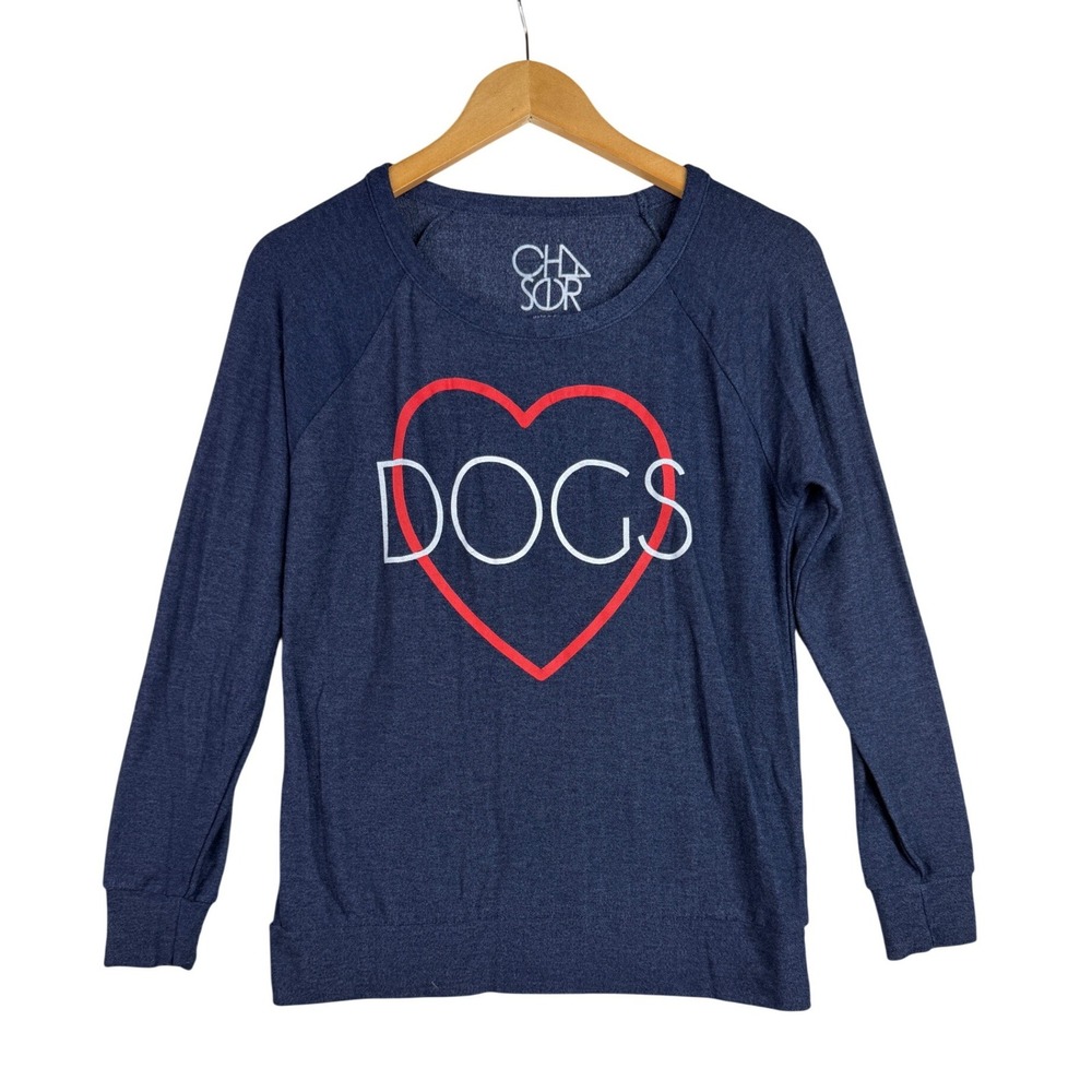 CHASER Sweatshirt Womens DOGS Heart Blue Pullover Comfy Long Sleeves Sz Small